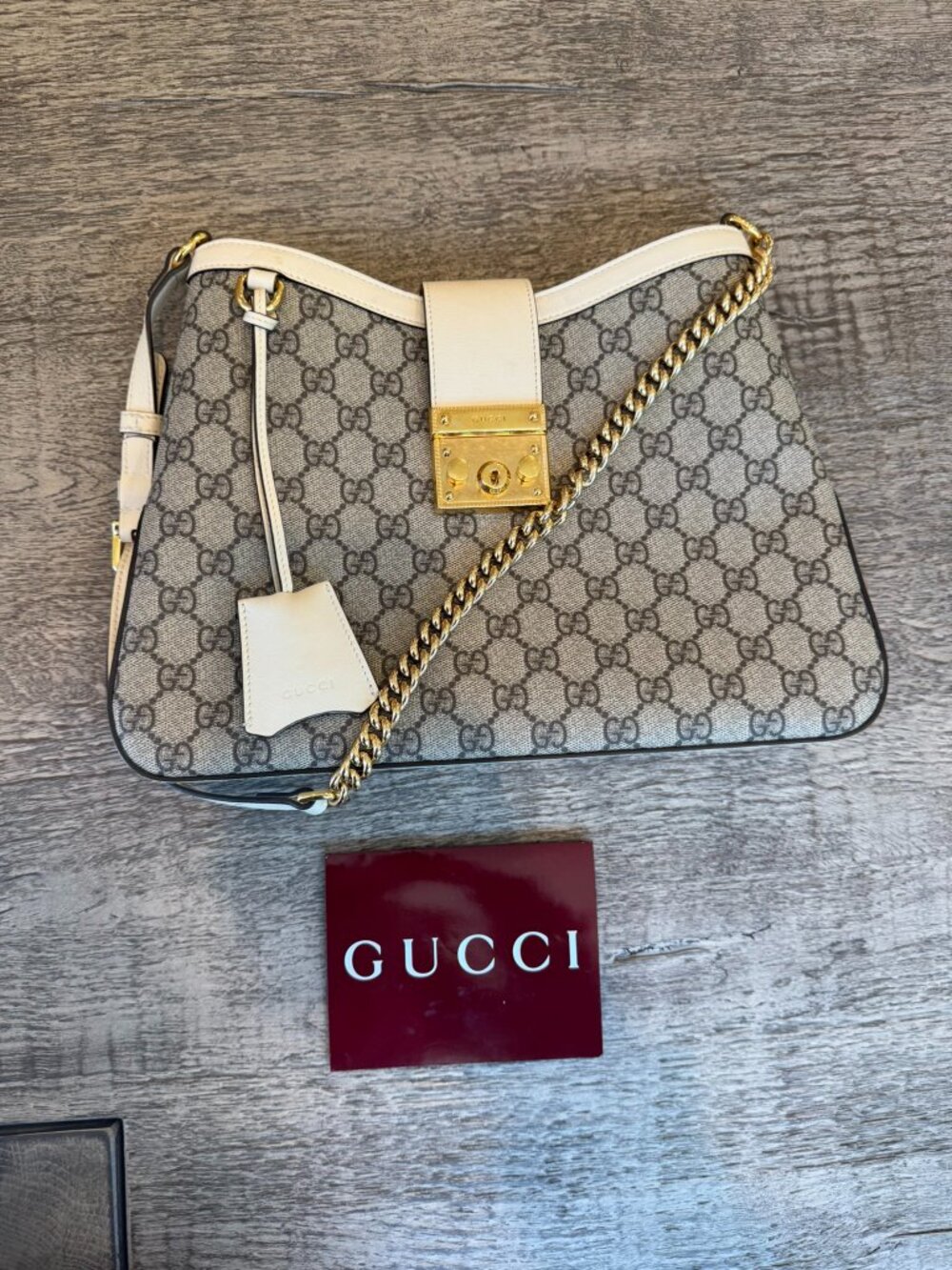 Gucci Padlock Monogram GG Supreme Leather Shoulder Bag Beige Ebony - Picture 9 of 9